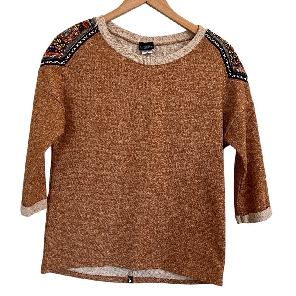 𝅺DAY trip Heathered Tan Boho Beaded Sweatshirt XS